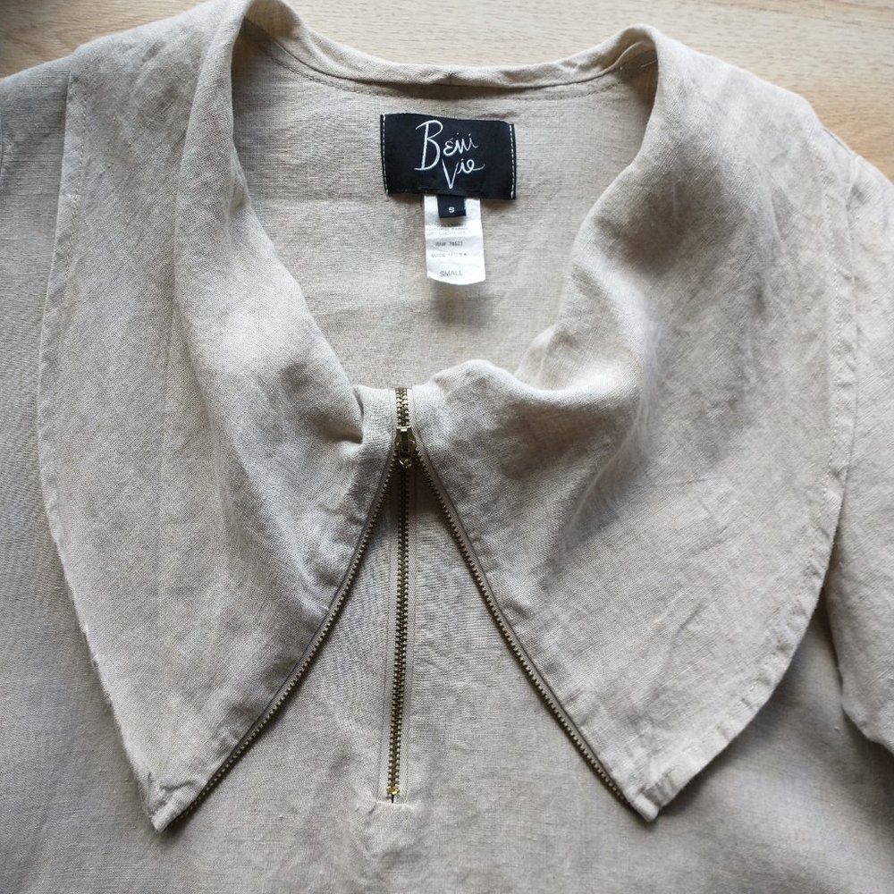 Beni Vie 100%Linen Lagenlook Tunic Top Pocket Natural Fabric Beige S Made in USA - Picture 7 of 10